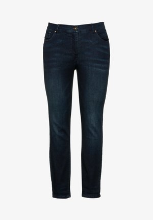 Dunkelblaue Denim-Jeans mit gerade geschnittenem, fünf Taschen-Design, металlichem Knopfverschluss und minimaler Ausbleichung für einen sauberen, klassischen Look.