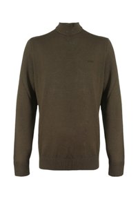 Maglione lavorato a maglia in verde oliva scuro, con collo alto, maniche lunghe, polsini a costine e un piccolo logo sul petto.