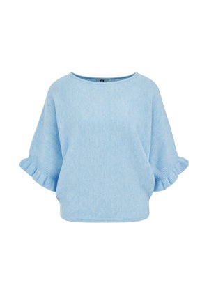 Svetlo modra kratka majica z volanastimi robovi rokavov in širokim okroglim izrezom, izdelana iz mehkega pletenega blaga.