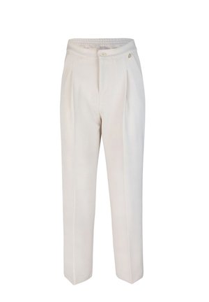 Pantaloni color crema con una vestibilità morbida, vita alta, pieghe e chiusura con un bottone. Realizzati in un tessuto liscio con una leggera texture.