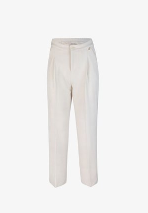 Pantaloni color crema con una vestibilità morbida, vita alta, pieghe e chiusura con un bottone. Realizzati in un tessuto liscio con una leggera texture.