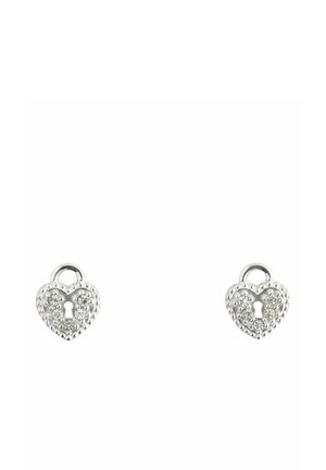 Pair of small silver heart-shaped lock earrings with keyhole detail and embedded clear stones on a white background.