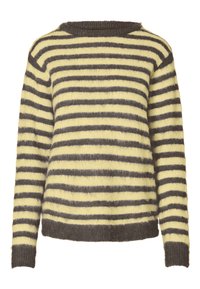Striped sweater featuring a fluffy texture, yellow and gray alternating stripes, crew neck, and ribbed cuffs and hem.
