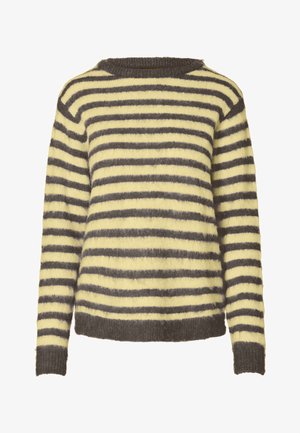 Džemper na pruge s mekanom teksturom, izmjenične žute i sive pruge, okruglim izrezom i rebrastim rukavima i rubom.
