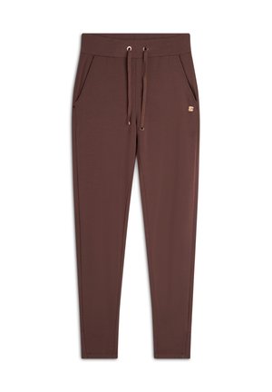 Pantaloni jogger marroni realizzati in tessuto morbido, con vita regolabile tramite coulisse, tasche laterali e un piccolo logo vicino alla vita.