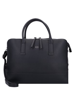 Black leather briefcase with dual handles, double zipper closure, and detachable shoulder strap, designed for professional use.