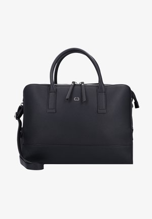 Maletín negro de cuero con asas dobles, cierre de doble cremallera y correa de hombro desmontable, diseñado para uso profesional.