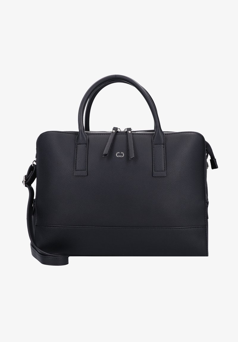 Mallette en cuir noir avec double poignée, fermeture à double zip et bandoulière amovible, conçue pour un usage professionnel.