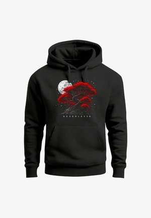 Black hoodie featuring a graphic of a red tree, a full moon, and stars, with "NEVERLESS" text beneath the design. Soft texture and standard fit.