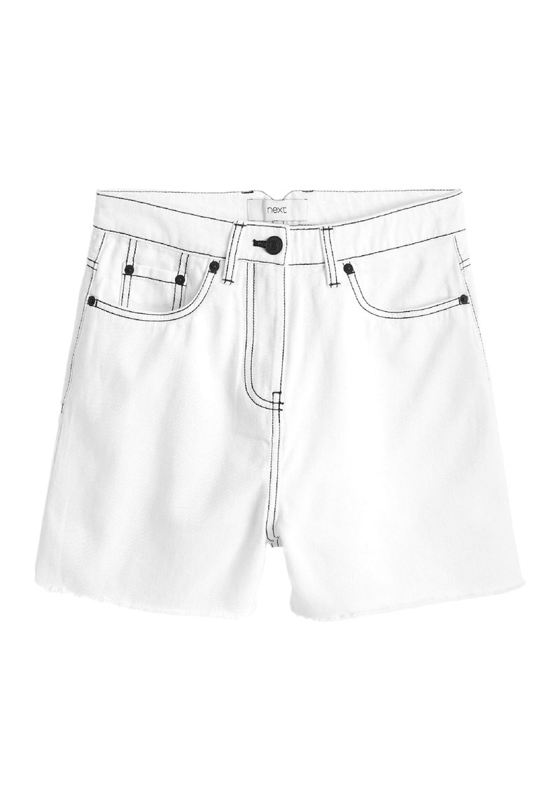 Valkoiset denim-shortsit, joissa on korkea vyötärö, nappikiinnitys, viisi taskua ja kontrastiväriset mustat tikkaukset. Ominaisuuksiin kuuluu risathelma ja sileä pinta.