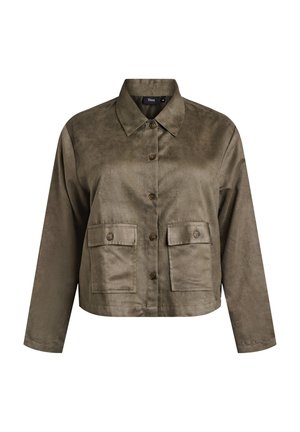 Olivgrünes, kurzes Hemdjacke aus weichem Stoff, mit einem vorderen Knopfverschluss, spitzem Kragen und zwei Brusttaschen mit Knopfakzenten.