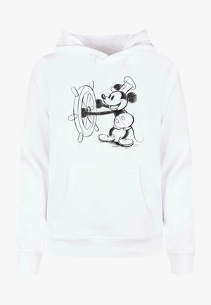 Fehér kapucnis felső, amelyen egy fekete vázlat látható egy mesefiguráról, aki egérfülekkel egy hajókormányt irányít. Elől zseb és húzózsinóros kapucni található.