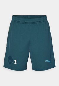 Teal sportieve shorts van lichtgewicht stof, met een elastische waistband, mesh zijpaneel, logo-accenten en een ontwerp met het nummer "1".