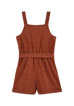 Varrukateta roostevärvi kombinesoon tekstureeritud täpilise ja ruudulise mustriga, elastse vöökohaga ja ülesrullitud äärega lühikeste pükstega valgel taustal.