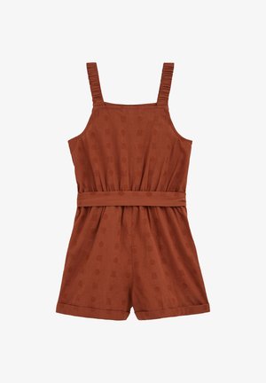 Kombinezon bez rukava u boji hrđe s teksturiranim uzorkom točkica i kvadrata, elastičnim strukom i kratkim hlačama s podvrnutim rubom na bijeloj pozadini.