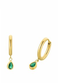 Guldörhängen med hängande design och en päronformad grön ädelsten som berlock. Slät yta och polerad finish.