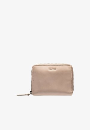 Small beige leather wallet with zipper closure and embossed logo "MAÎTRE" on front center.