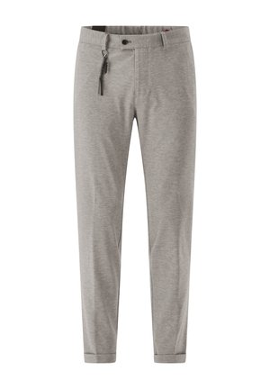 Helle graue Hose aus weichem Stoff, mit einer Reißverschlusstasche, schmal zulaufenden Beinen und einem Bund mit Gürtelschlaufen.
