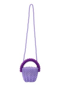 Borsa a tracolla viola con superficie testurizzata, manico rotondo e tracolla regolabile, caratterizzata da diverse sfumature di viola.