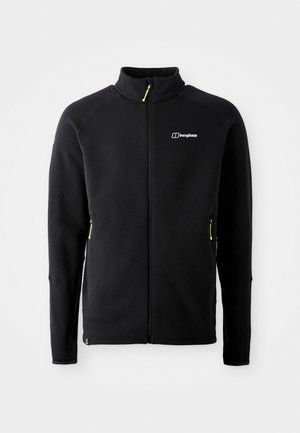 Black fleece jacket with high collar, full zip, and logo on chest. Features two side pockets with yellow zipper pulls and fitted cuffs.
