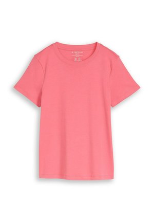 Korte mouw, ronde hals, effen roze katoenen T-shirt, maat M, plat weergegeven op een witte achtergrond.