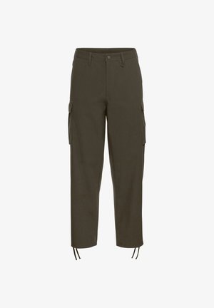 Cargo-Hosen aus dunkelgrünem Stoff mit einer lockeren Passform, zwei seitlichen Taschen, Kordelzugabschlüssen und einem vorderen Knopfverschluss.