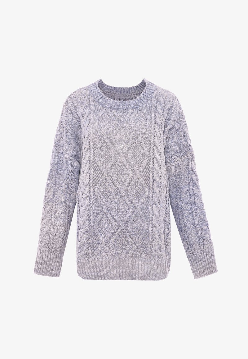 Svetlo sivi pulover s pletenico, z okroglo ovratnico, diamanti in rebrastimi manšetami ter robom. Narejen iz teksturiranega pletenega materiala.