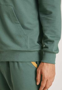 Groene sweatshirt met ribbelboorden aan de mouwen en onderkant. Heeft een voorzak, een zijnaadlabel en een contrasterende gele accent op de broekzak.