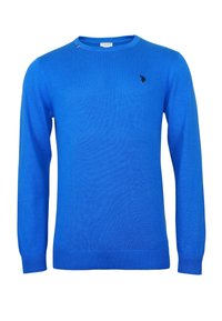 Blauer Strickpullover mit Rundhalsausschnitt, gerippten Bündchen und Saum. Mit einem kleinen schwarzen Logo-Akzent auf der Brust. Weiche Textur.