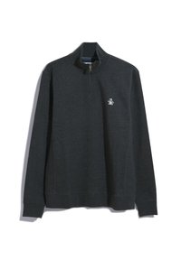 Dark gray pullover sweatshirt with a quarter-zip collar, ribbed cuffs, and hem. Features a small penguin logo on the left chest.