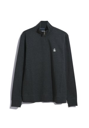 Dunkelgrau pullover Sweatshirt mit einem Viertel-Reißverschluss-Kragen, gerippten Bündchen und Saum. Verfügt über ein kleines Pinguin-Logo auf der linken Brust.