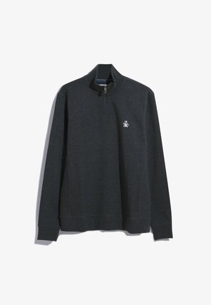 Donkergrijze pullover sweatshirt met een kwart-rits kraag, ribgebreide manchetten en zoom. Bevat een klein pinguïnlogo op de linkerkant van de borst.