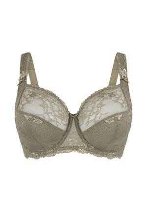 Olijfgroene beha met kantcups, gaaspanelen en decoratieve details. Verstelbare bandjes en bloemaccenten verbeteren het ontwerp.