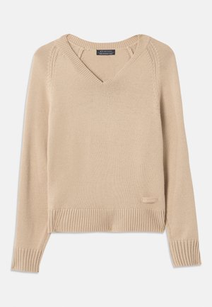 Világosbézs kötött pulóver V nyakkal, bordázott mandzsettákkal és aljjal, a bal alsó oldalon egy kis címkével. Simítóan puha tapintás. Könnyű kivitel.
