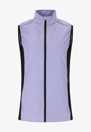 Sleeveless vest in light lavender with a high collar. Features black side panels and a front zipper. Reflective accents near the collar.