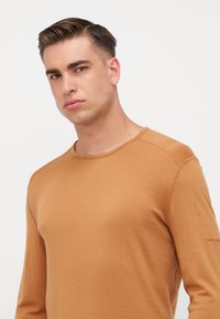 Chemise longue à manches longues de couleur marron clair avec un col rond et un ourlet côtelé, présentant des détails de couture subtils et un petit logo sur la manche.