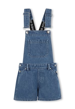 Denim overalls with adjustable straps, front pocket, and short legs. Blue wash, silver buttons, and contrasting black strap accents.