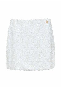 Biała mini spódniczka z kwiecistym wzorem z koronką, ozdobiona cekinami. Posiada prosty krój i mały akcent logo z boku.