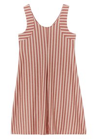 Robe rayée à bretelles larges, avec des rayures verticales alternant entre rouge et crème. Le matériau semble léger avec une coupe décontractée.