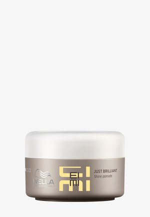 Wella Professionals EIMI Just Brilliant glanspomade in een beige ronde container met wit deksel en geel-zwarte tekst.