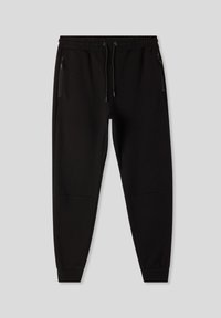 Pantaloni della tuta neri realizzati in morbido tessuto, con cintura elastica regolabile, tasche laterali con zip e polsini aderenti alle caviglie.