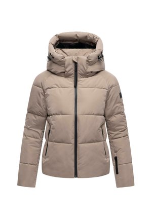 Giubbotto imbottito beige con collo alto, chiusura frontale a doppia zip e cappuccio regolabile con lacci. Presenta tasche con zip nere e dettagli neri.