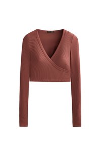 Top corto marrone a coste con maniche lunghe, scollo a V profondo e design sovrapposto. Texture morbida e silhouette aderente, adatto per essere indossato a strati.