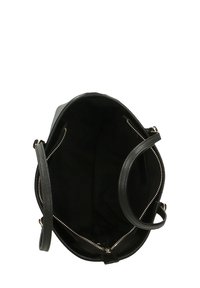 Zwarte leren handtas met een gestructureerde afwerking, ronde vorm en details in goudkleurige rits. Binnenkant is van zwart stof, ruim en niet gevoerd.