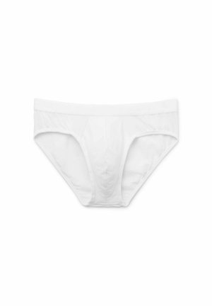 Witte katoenen slip met een zachte, elastische tailleband, gevormde pouch en een gladde textuur zonder zichtbare patronen of accenten.
