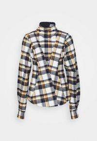Plaid shirt featuring a high collar, long sleeves, and a fitted structure. Colors include navy, white, gold, and gray in a check pattern.