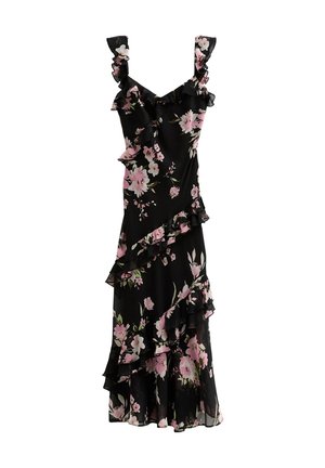 Zwarte bloemenjurk met roze bloemen, gerimpelde bandjes en asymmetrische ruches langs de voorkant en zoom voor extra textuur.
