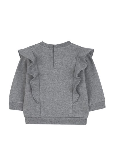 Grijze sweatshirt met ruches aan de mouwen, een ronde halslijn en drie knopen aan de achterkant. Gemaakt van zachte, gestructureerde stof.