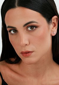Nahaufnahme einer Person mit dunklem Haar und mittlerem Hautton, die einen kleinen silbernen Stecker trägt, mit dezentem Makeup und einem neutralen Lippenstift.