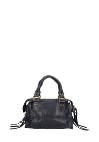 Borsa a mano in pelle nera con superficie testurizzata, doppie maniglie superiori, dettagli in ottone e frange laterali; forma rettangolare compatta.